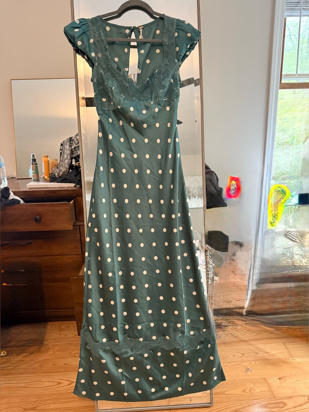 Free People Jade Polka Dot Satin Midi Dress with Lace Trim - Picture 4 of 6